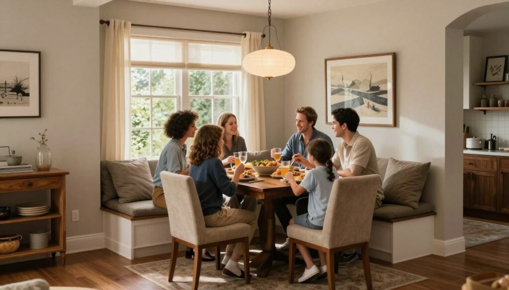 Welcoming corner dining nook with family gathered around for a meal