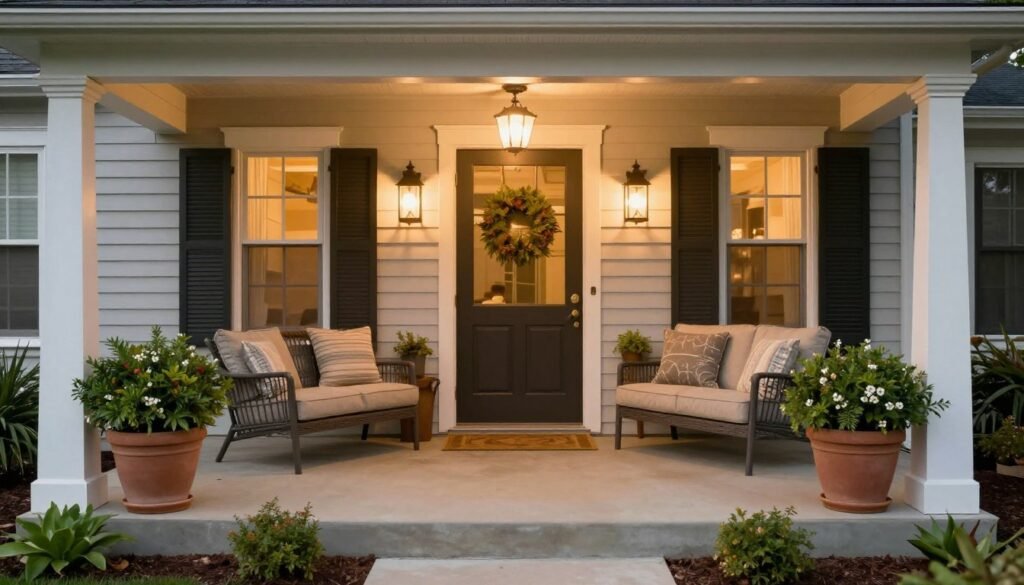 Welcoming front porch with balanced landscaping elements showing harmony between plants, furniture, and decorative accents Welcoming front porch with balanced landscaping elements showing harmony between plants, furniture, and decorative accents