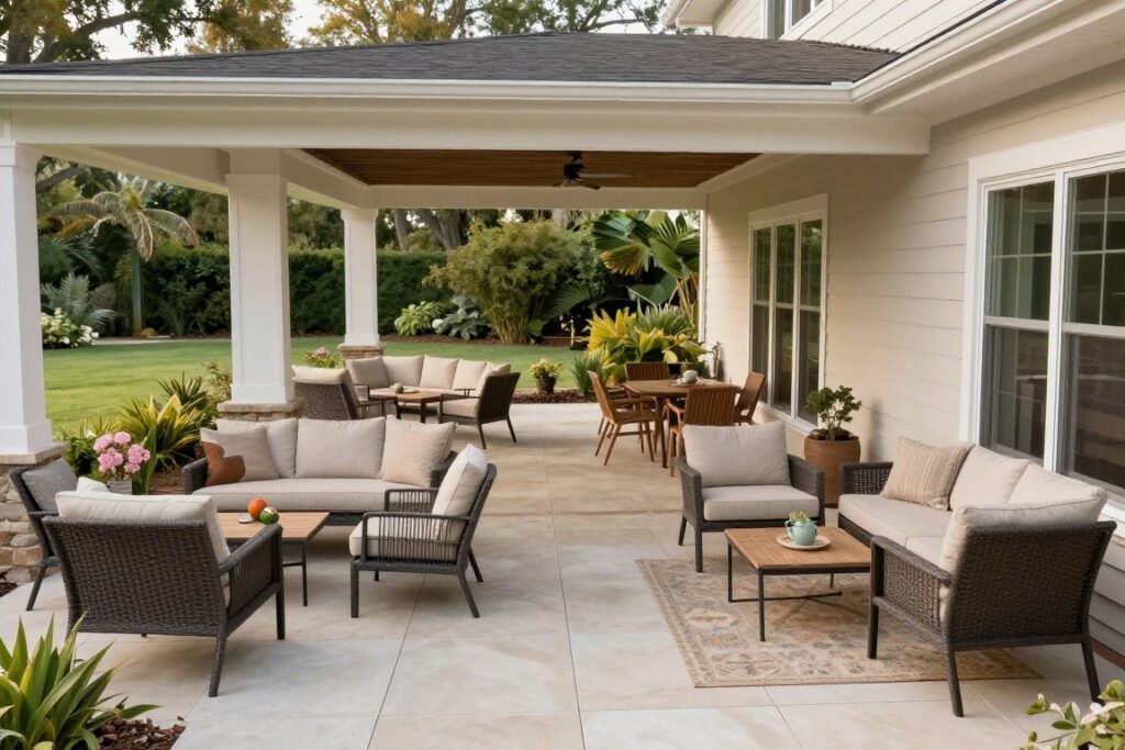 Well-arranged furniture grouping on covered patio