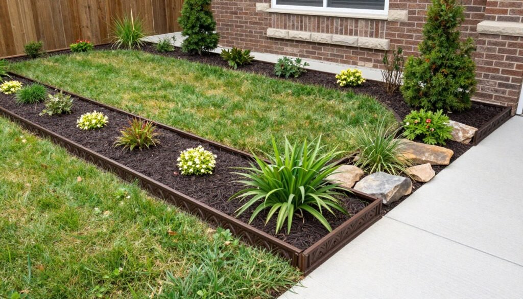 Well-defined borders in a small front yard with decorative edging separating planting areas from lawn