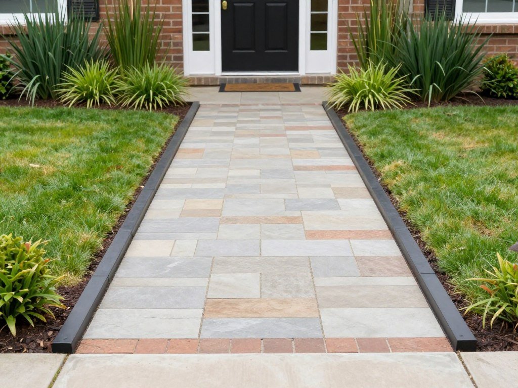 Well-defined garden edging and pathway leading to front door for front bed landscaping ideas Well-defined garden edging and pathway leading to front door for front bed landscaping ideas