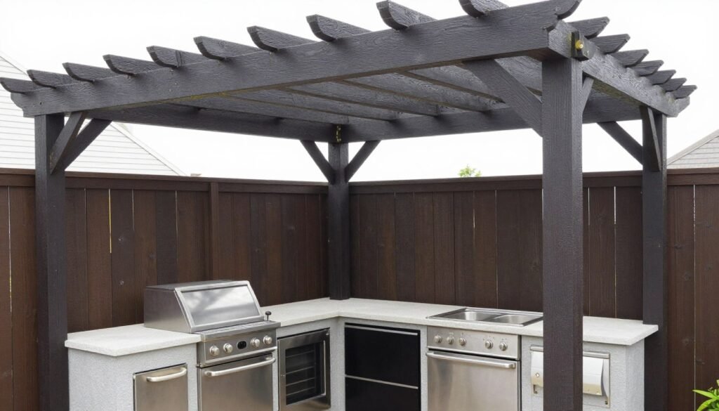 Well-maintained dark pergola over an outdoor kitchen showing proper care and cleaning