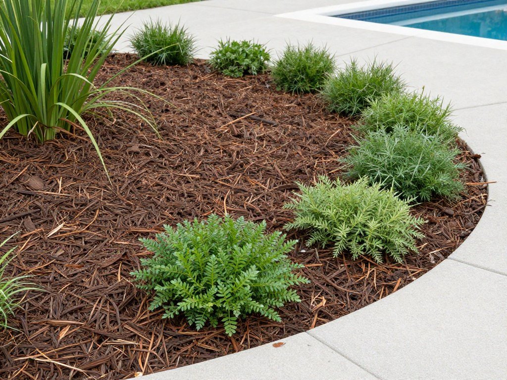 Well-mulched garden beds and ground covers around a pool area reducing maintenance needs