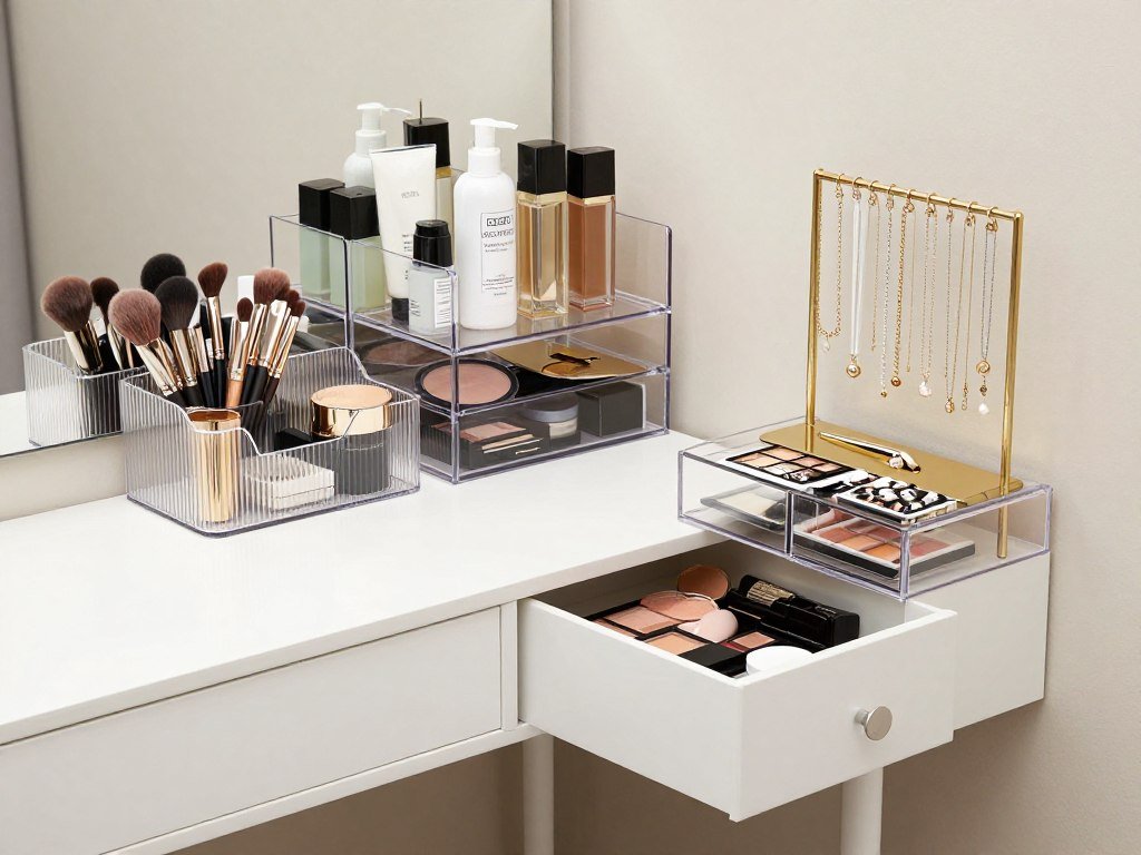 Well-organized closet vanity with labeled drawers, acrylic organizers, and efficient storage solutions