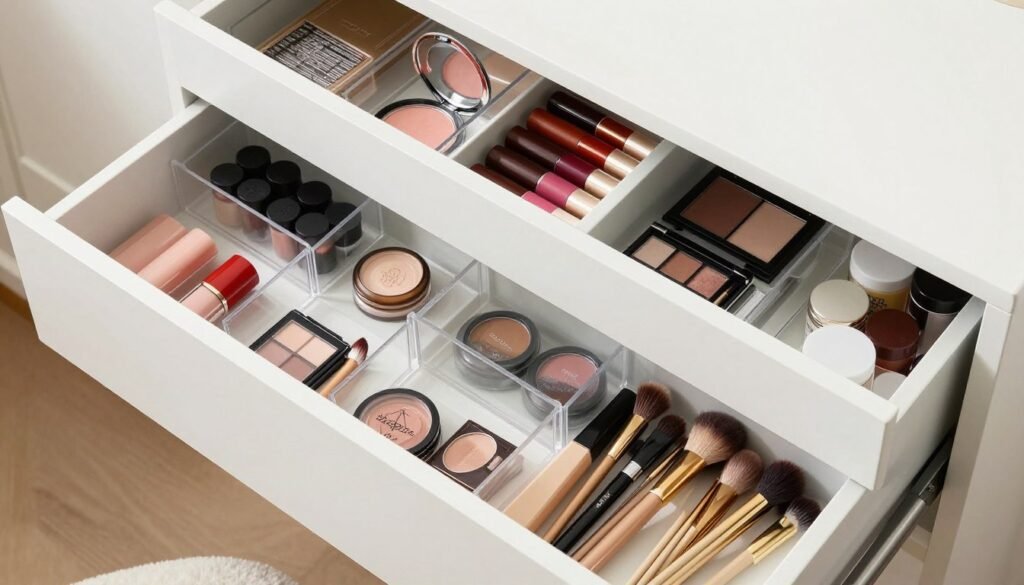 Well-organized vanity drawers with dividers separating makeup, skincare, and tools
