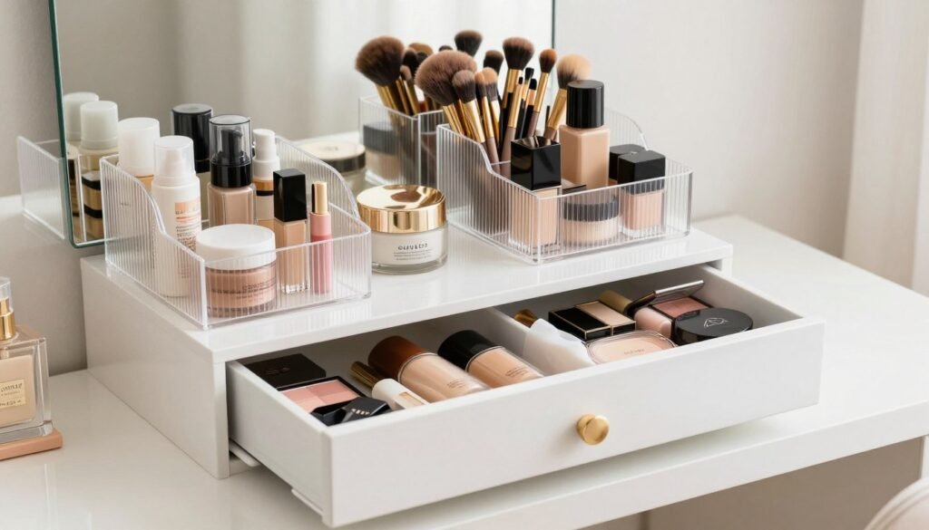 Well-organized vanity with custom storage solutions for makeup, skincare, and accessories