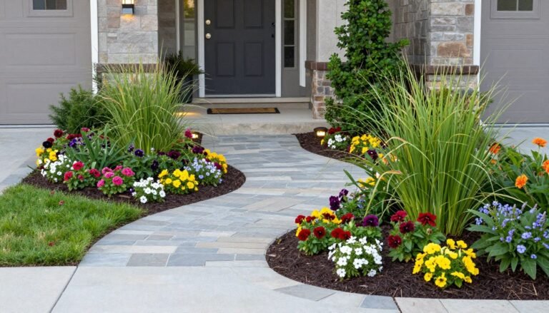 Well-planned front yard landscape with curved borders, flowering plants, and a stone pathway leading to the front door