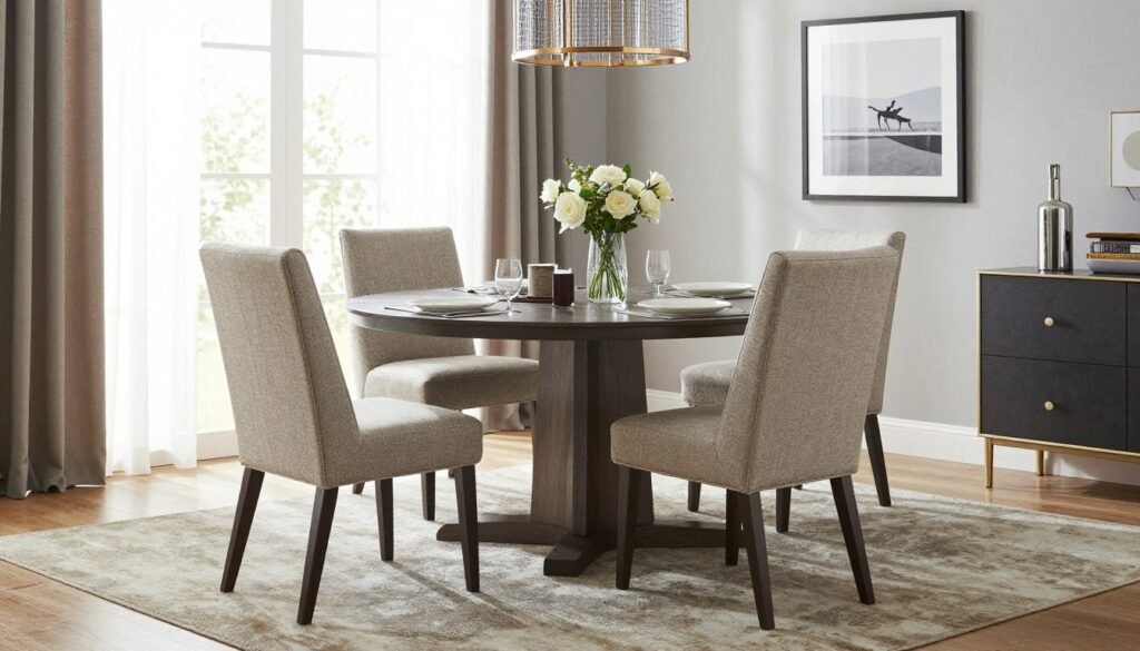 Well-styled dining room with upholstered chairs coordinating with other elements