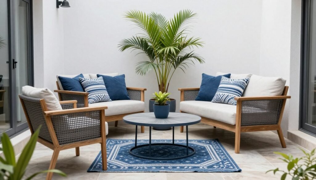 Well-styled small patio with cohesive color scheme, layered textures, and thoughtful arrangement