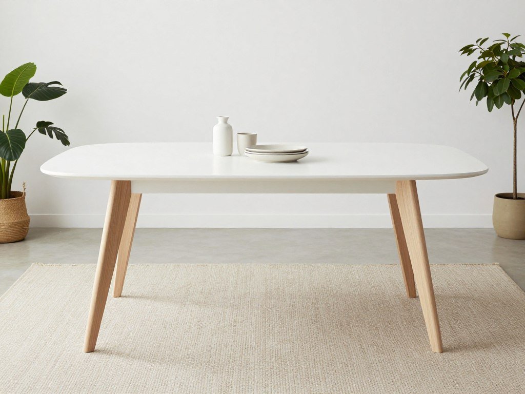 White Scandinavian dining table with light wood elements and simple organic design White Scandinavian dining table with light wood elements and simple organic design