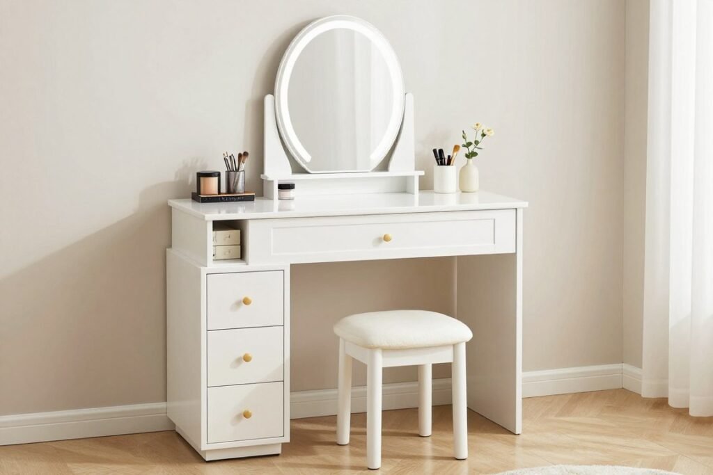 White bedroom makeup vanity with mirror and storage for cosmetics