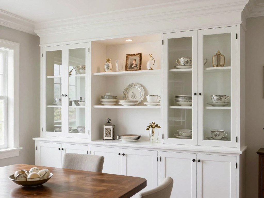 White built-in hutch dining room with glass doors