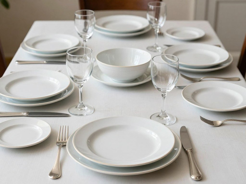 White ceramic dishes and clear glassware on a Nancy Meyers dining table