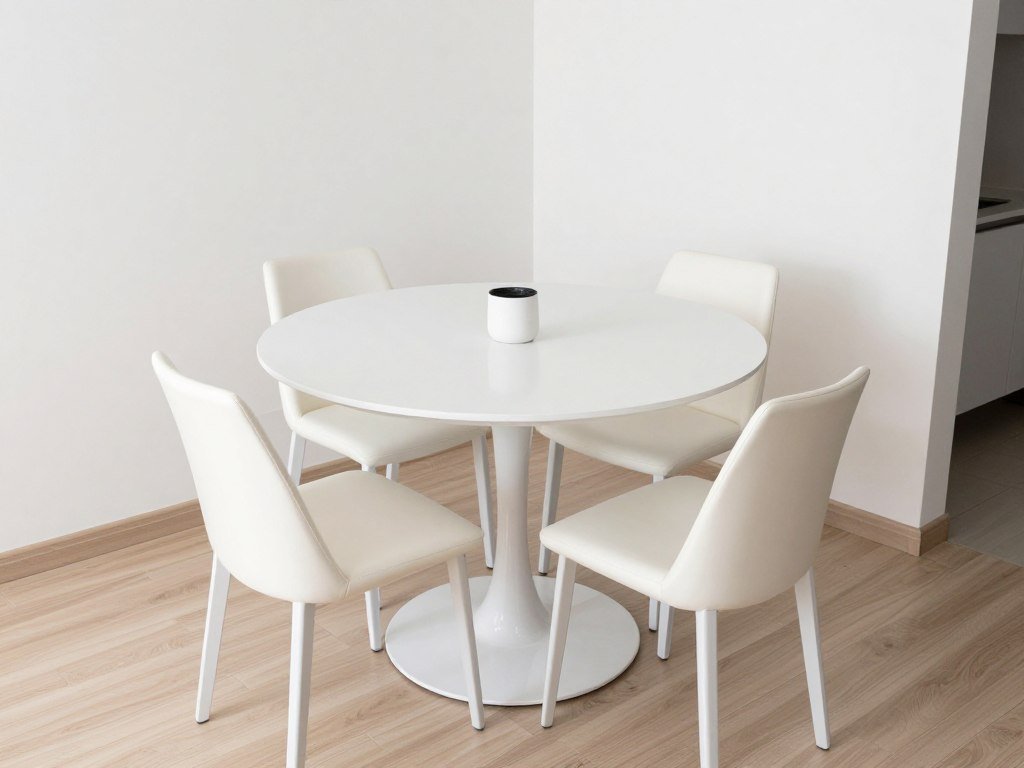 White dining table in a small apartment space making the room appear larger and brighter White dining table in a small apartment space making the room appear larger and brighter