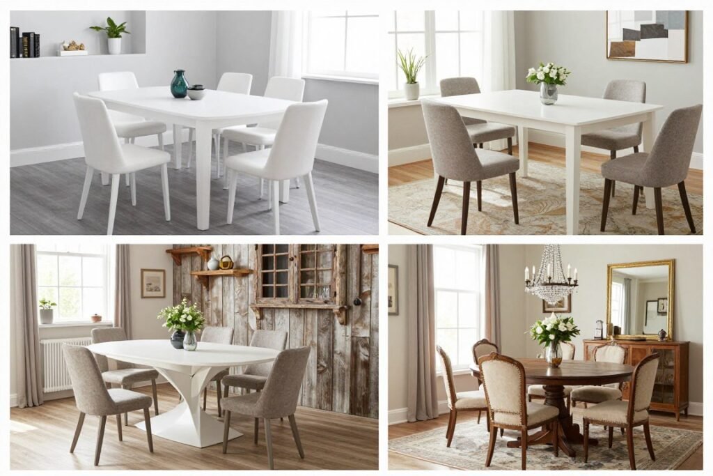 White dining table in three different room styles - modern, farmhouse, and traditional White dining table in three different room styles - modern, farmhouse, and traditional
