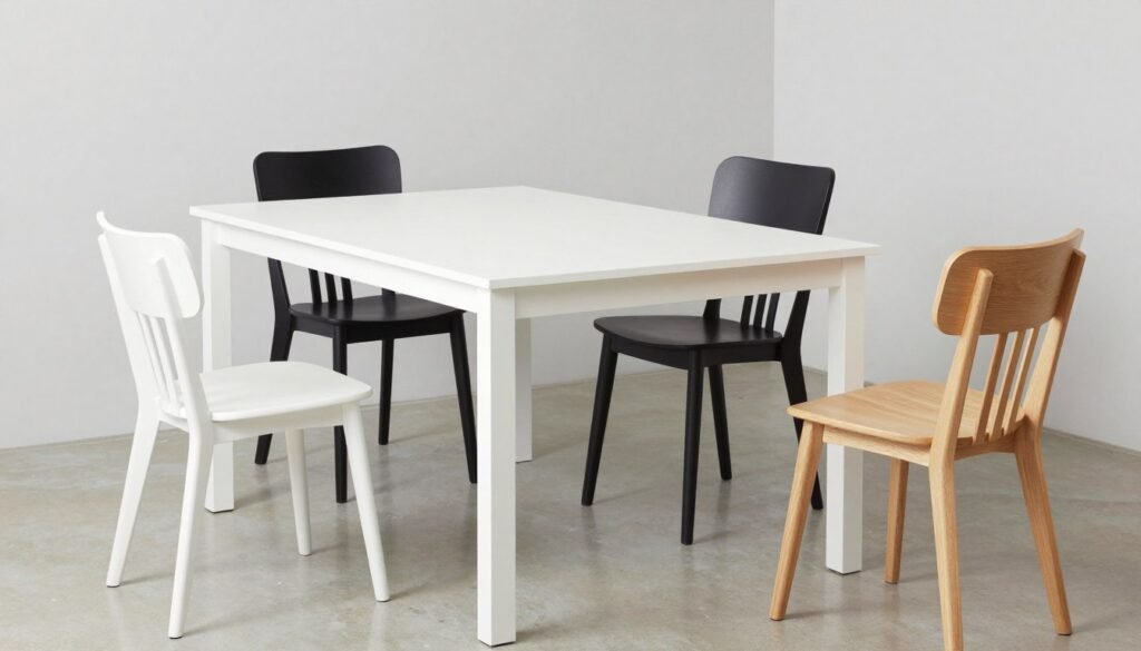 White dining table paired with different chair styles showing various design possibilities White dining table paired with different chair styles showing various design possibilities