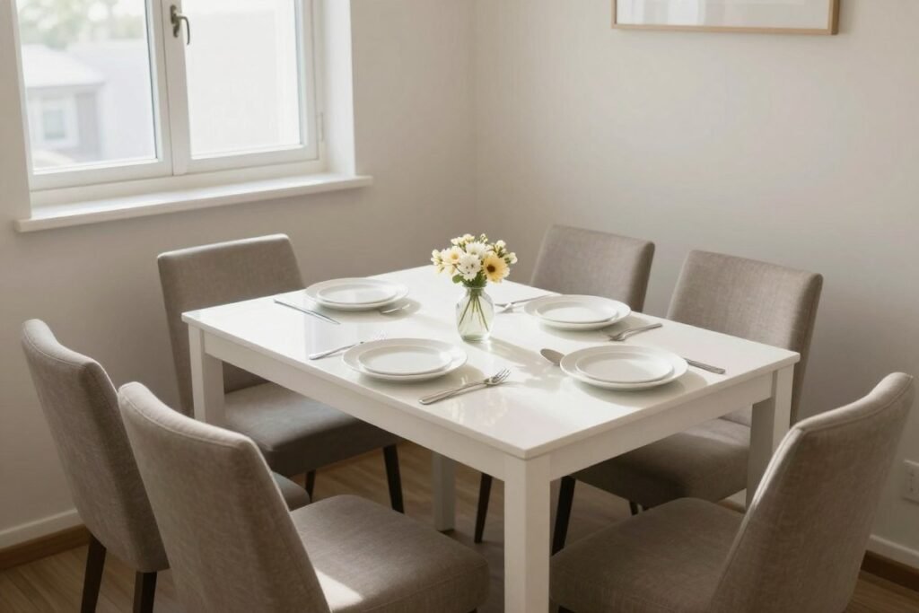 White dining table reflecting natural light in a small dining nook White dining table reflecting natural light in a small dining nook