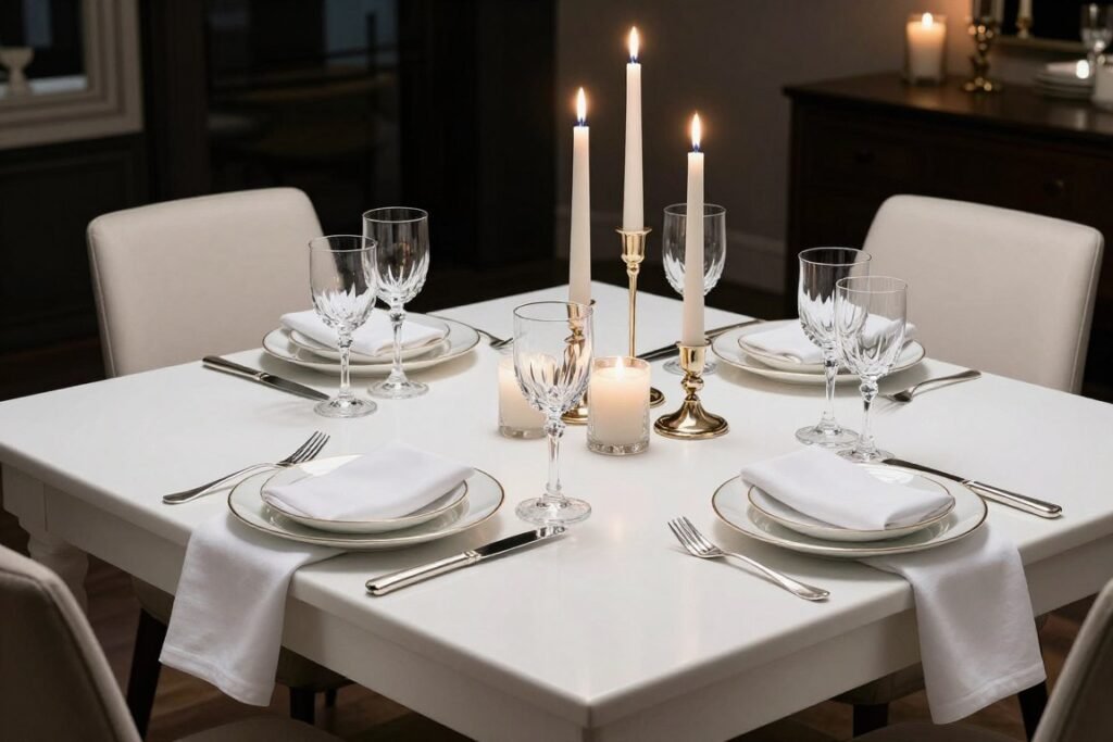 White dining table set for formal entertaining with elegant place settings and centerpiece White dining table set for formal entertaining with elegant place settings and centerpiece