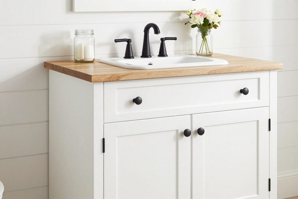 White farmhouse bathroom vanity with apron sink, shaker cabinets, and rustic hardware