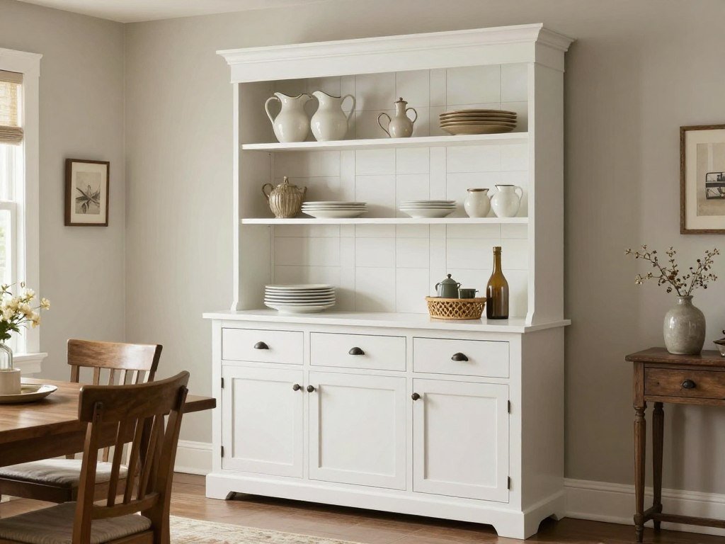 White farmhouse dining room hutch with shiplap back panel and rustic hardware in a country-style dining room White farmhouse dining room hutch with shiplap back panel and rustic hardware in a country-style dining room