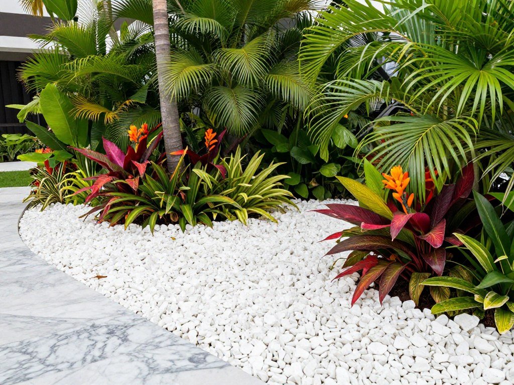 White marble chip mulch around tropical plants White marble chip mulch around tropical plants