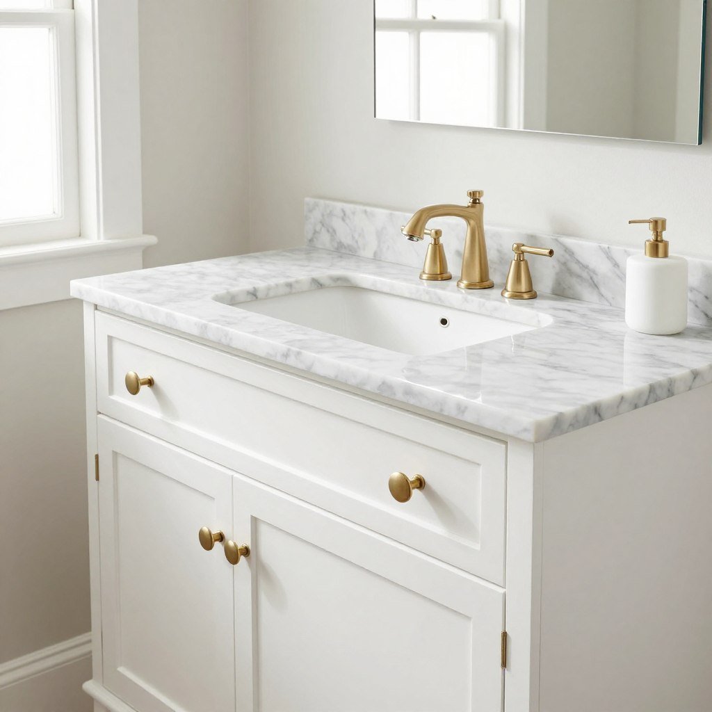 White painted bathroom vanity with marble countertop in a bright bathroom
