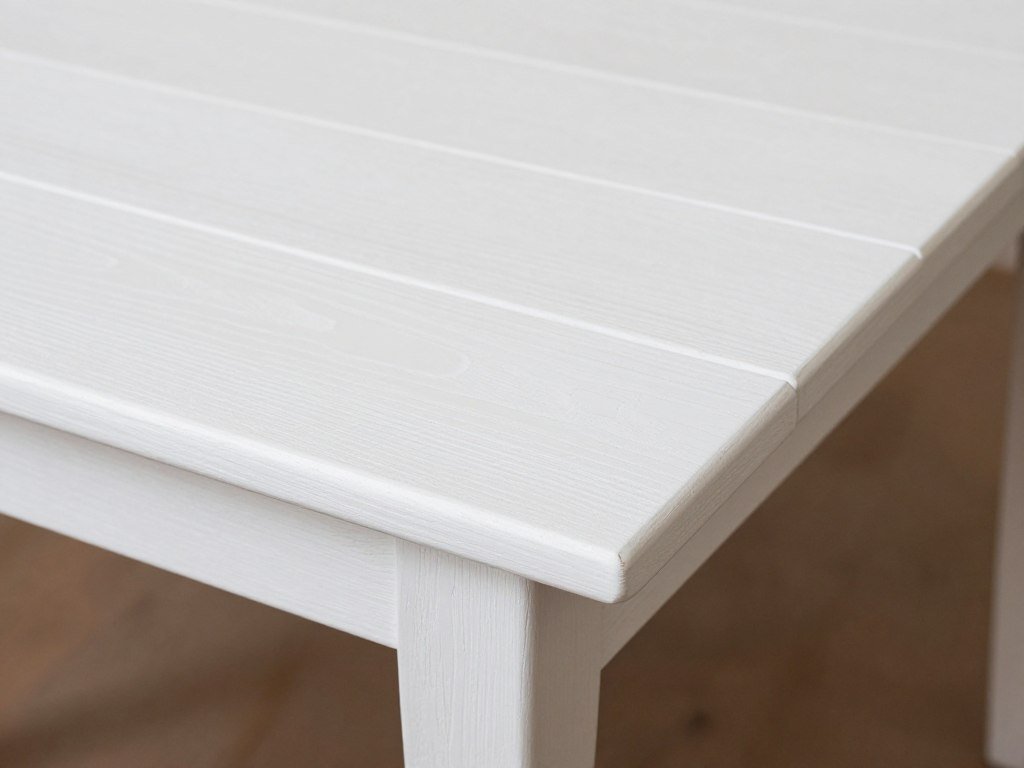 White painted solid wood dining table with visible grain texture White painted solid wood dining table with visible grain texture