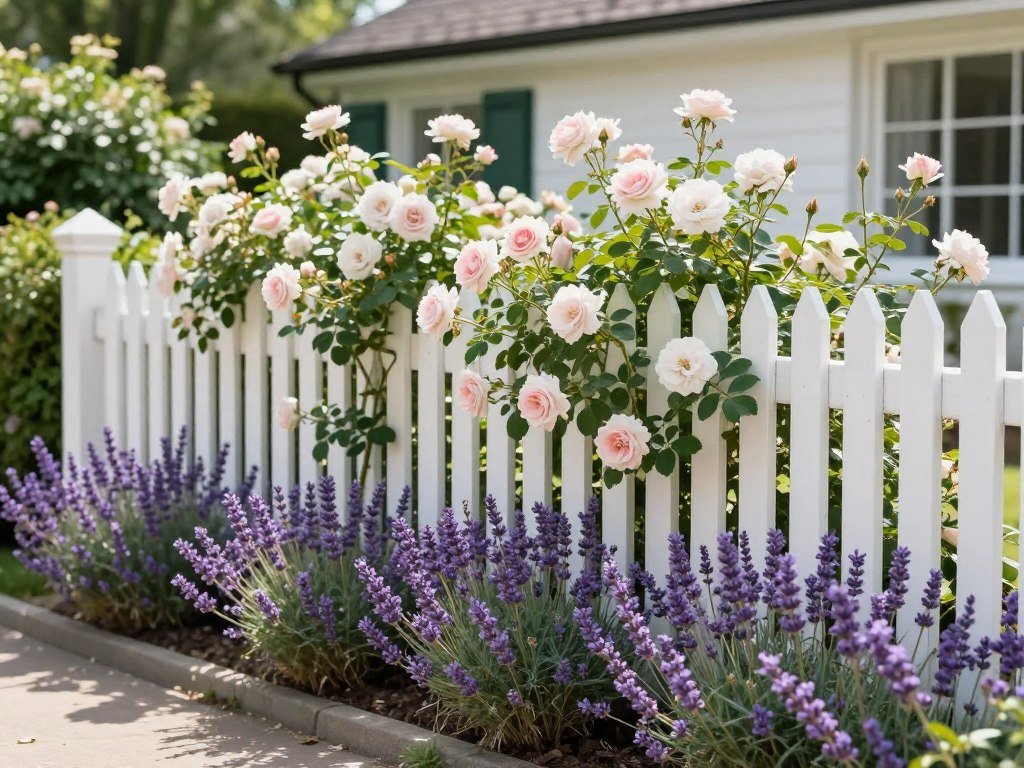White picket fence with climbing roses and lavender border in front yard