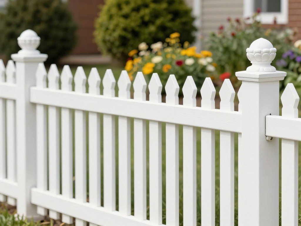 White picket fence with decorative post caps surrounding a backyard garden