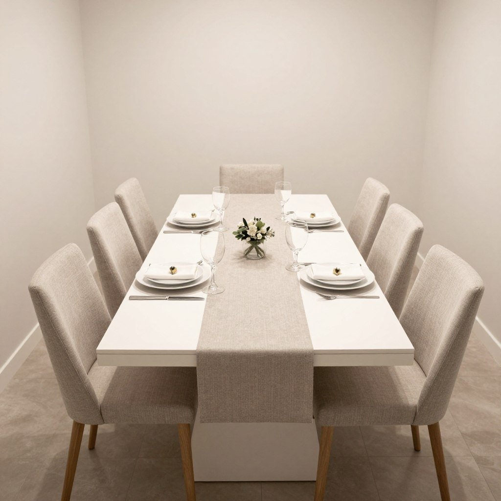 White rectangular dining table in a longer dining space with multiple chairs White rectangular dining table in a longer dining space with multiple chairs