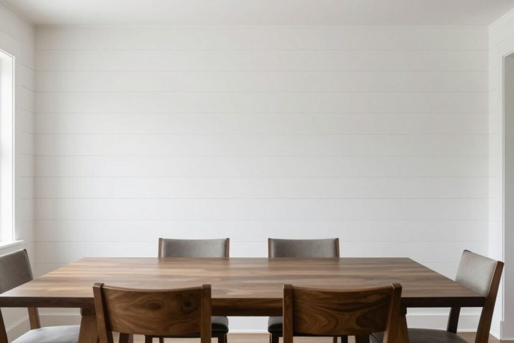White shiplap walls in a modern farmhouse dining room White shiplap walls in a modern farmhouse dining room