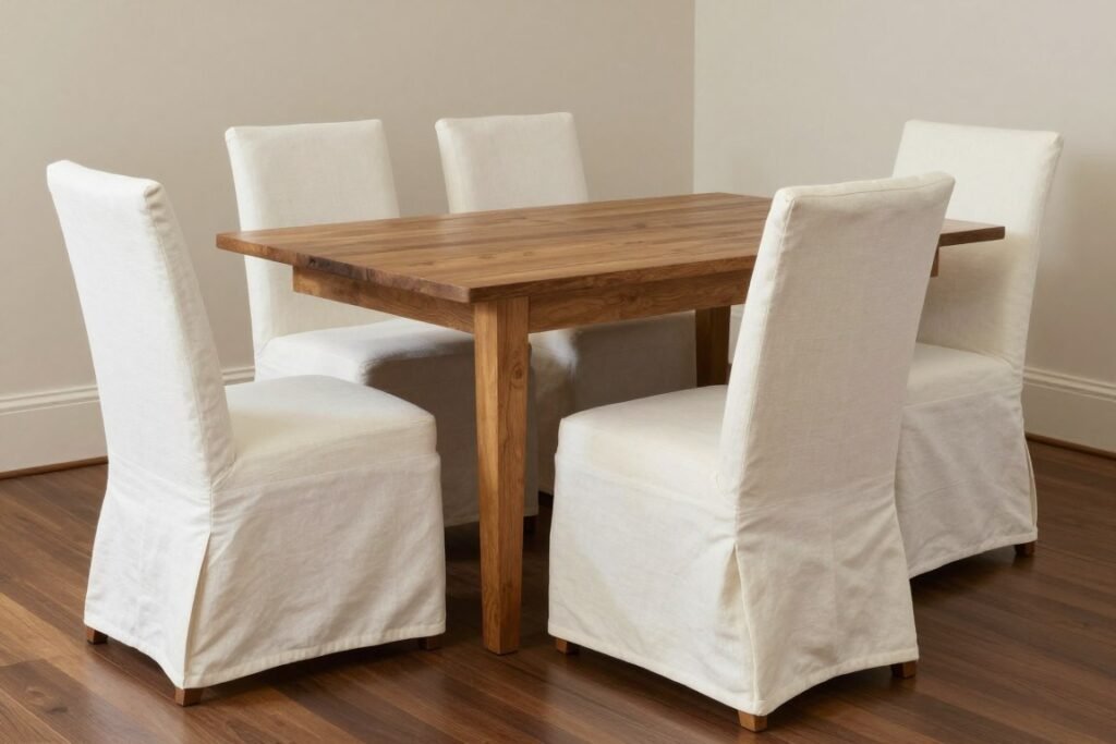 White slipcovered dining chairs around a wooden table in Nancy Meyers style