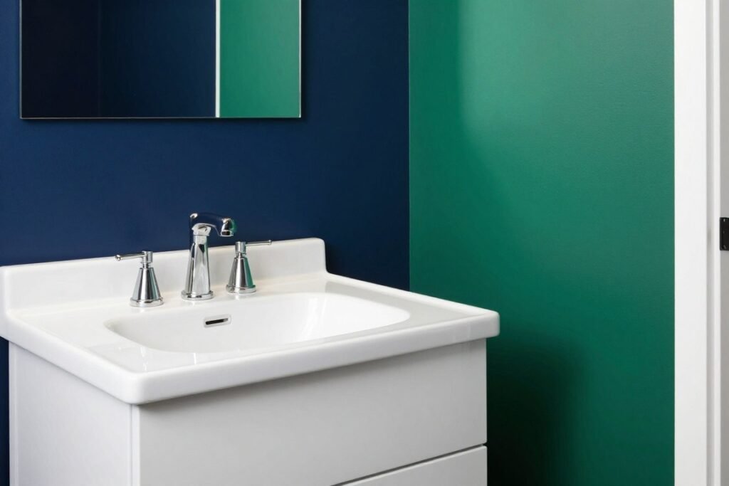 White vanity in a bathroom with bold blue or green accent wall