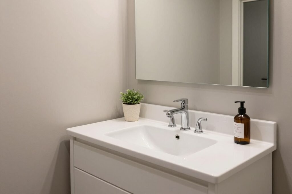 White vanity in a bathroom with soft beige and gray neutral tones