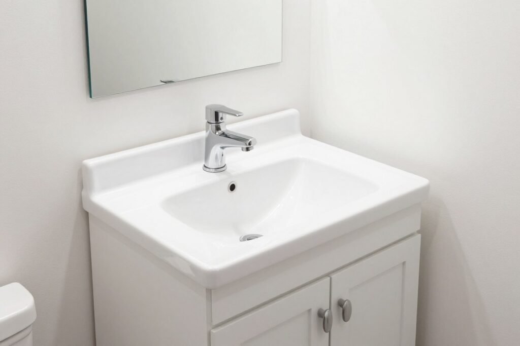 White vanity in a small bathroom making the space appear larger and brighter