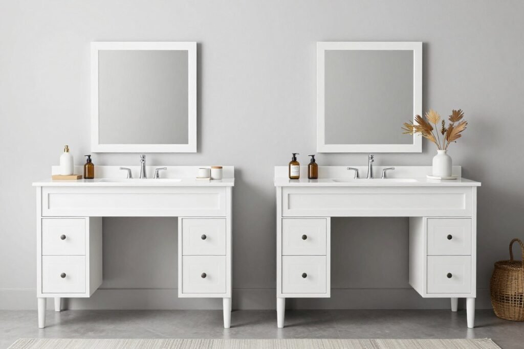 White vanity styled in different ways showing its versatility with various decor styles
