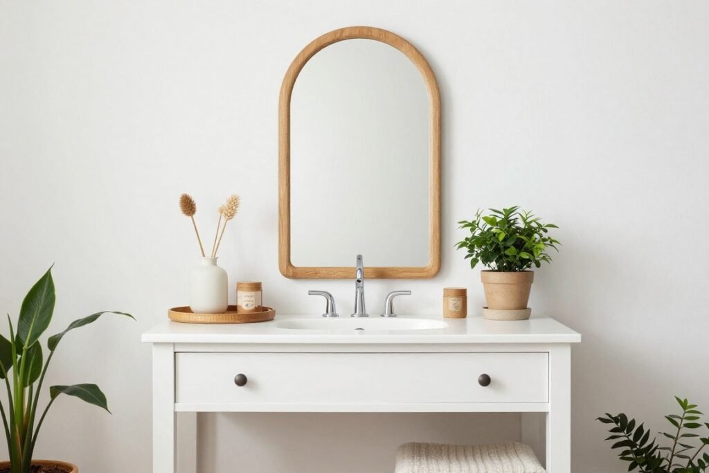 White vanity styled with natural wood, plants, and earthy accessories