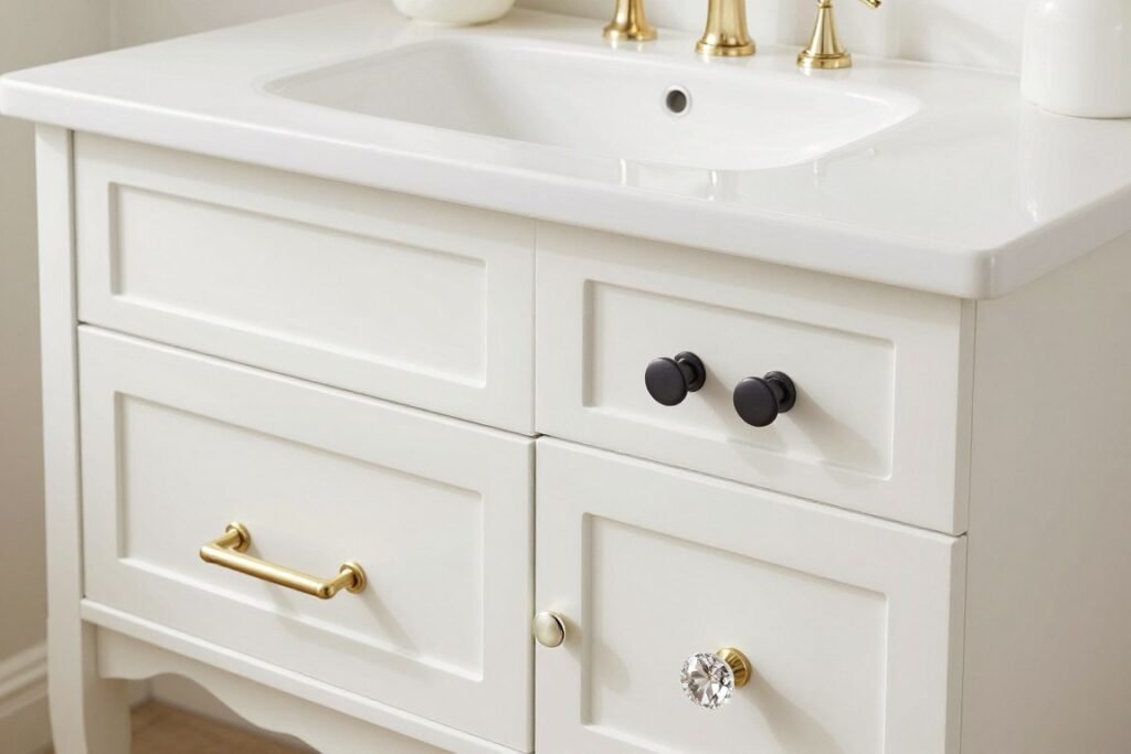 White vanity with different hardware options showing how they change the look