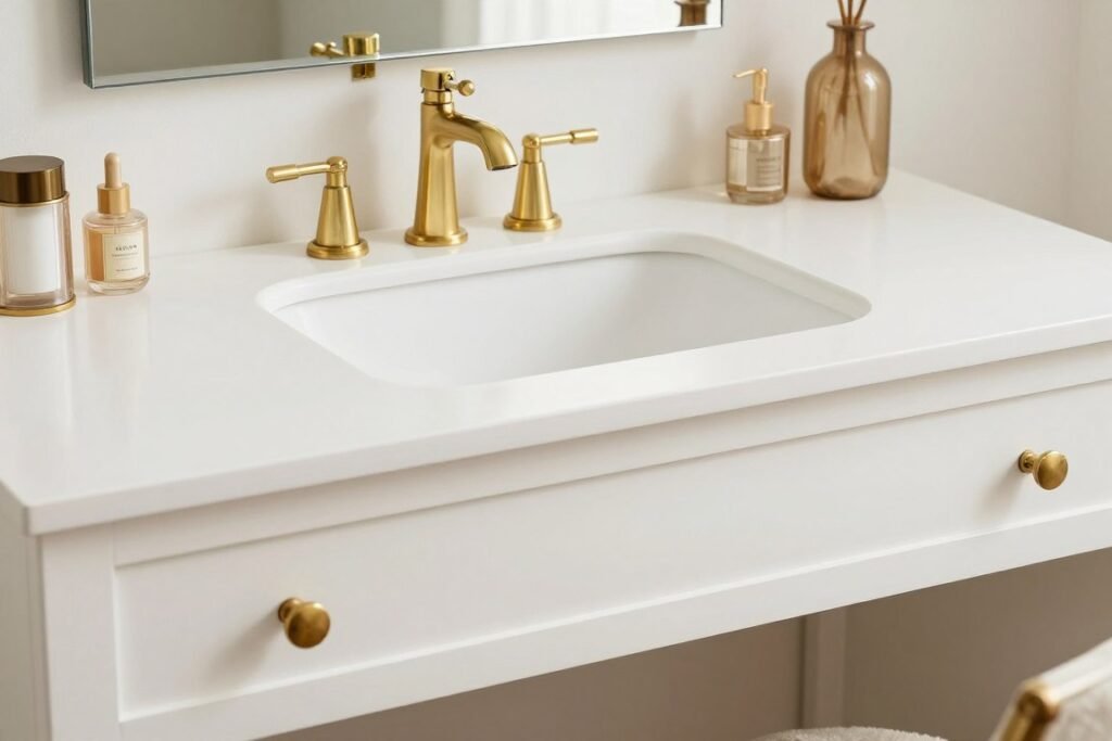 White vanity with gold or brass hardware and metallic accessories