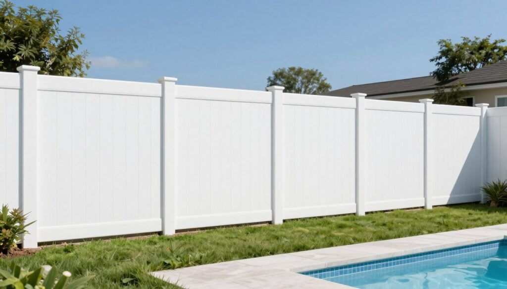 White vinyl privacy fence surrounding a backyard pool area