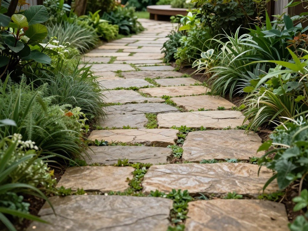Winding garden path made of natural stepping stones leading through lush plantings