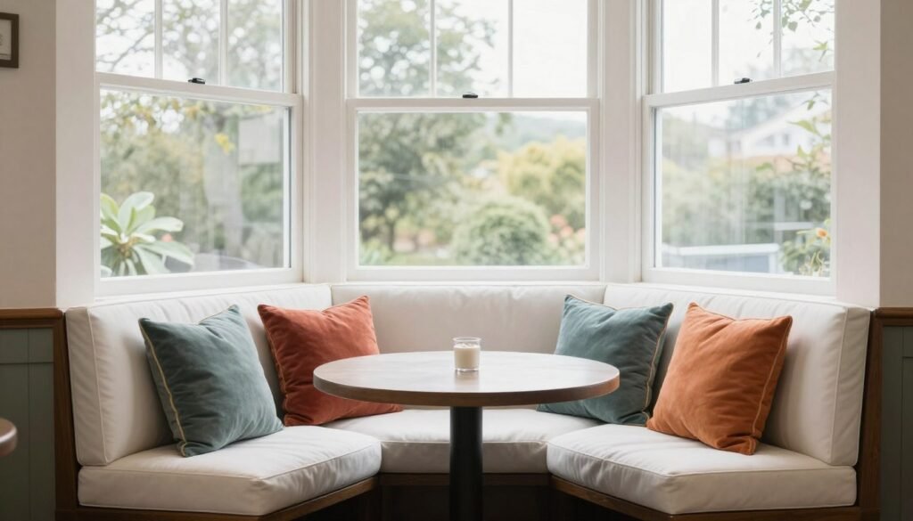 Window seat dining booth with bright natural lighting