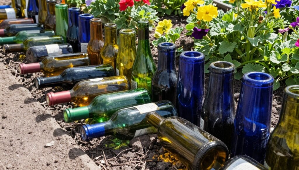Wine bottle garden border with bottles partially buried upside down