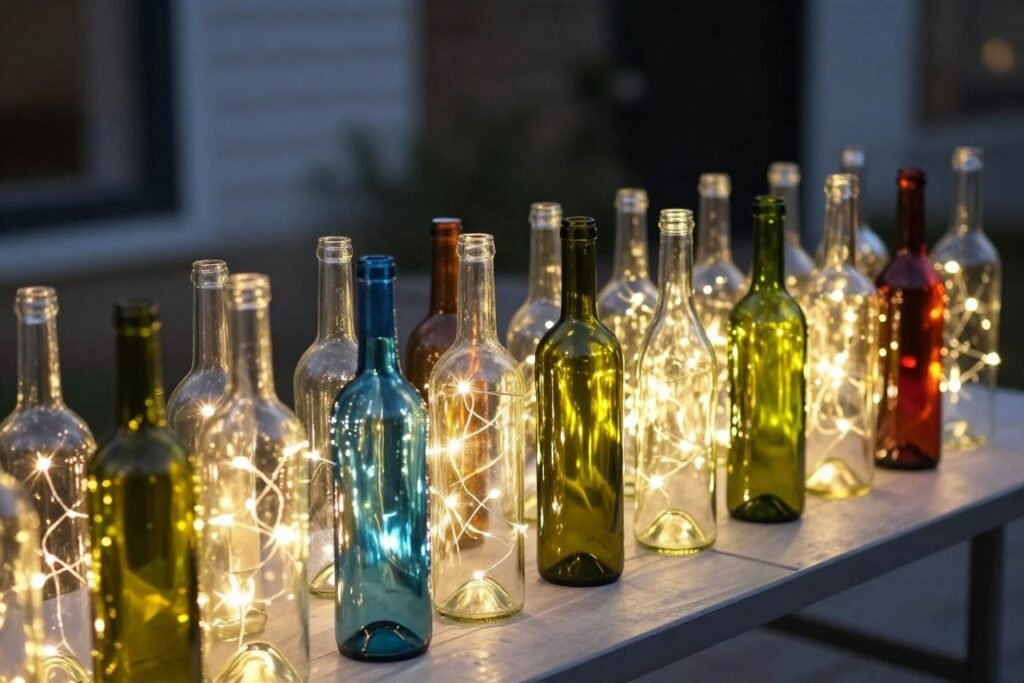 Wine bottles with fairy lights inside arranged on a patio table