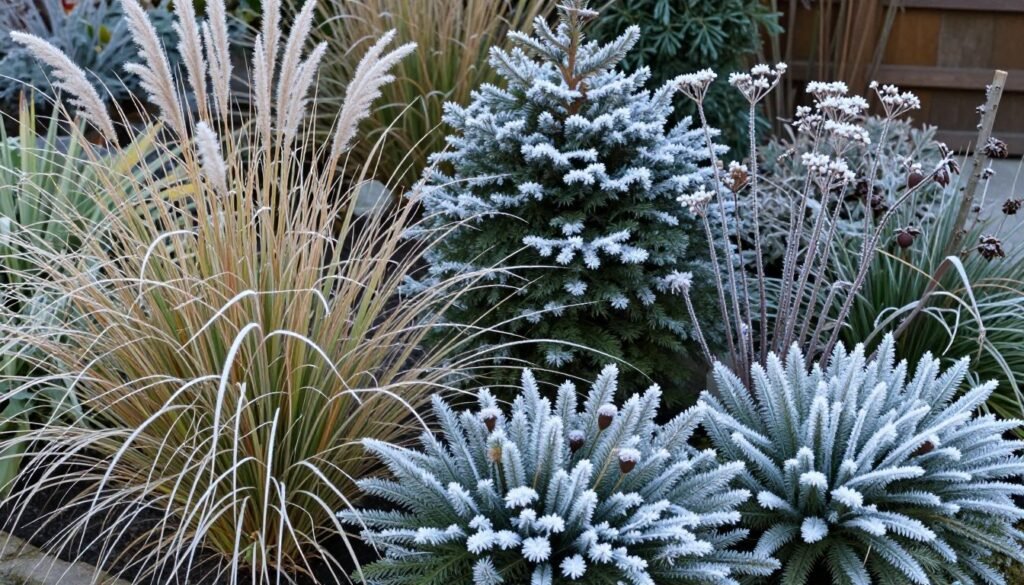 Winter garden with structural elements providing interest as a cheap landscaping idea