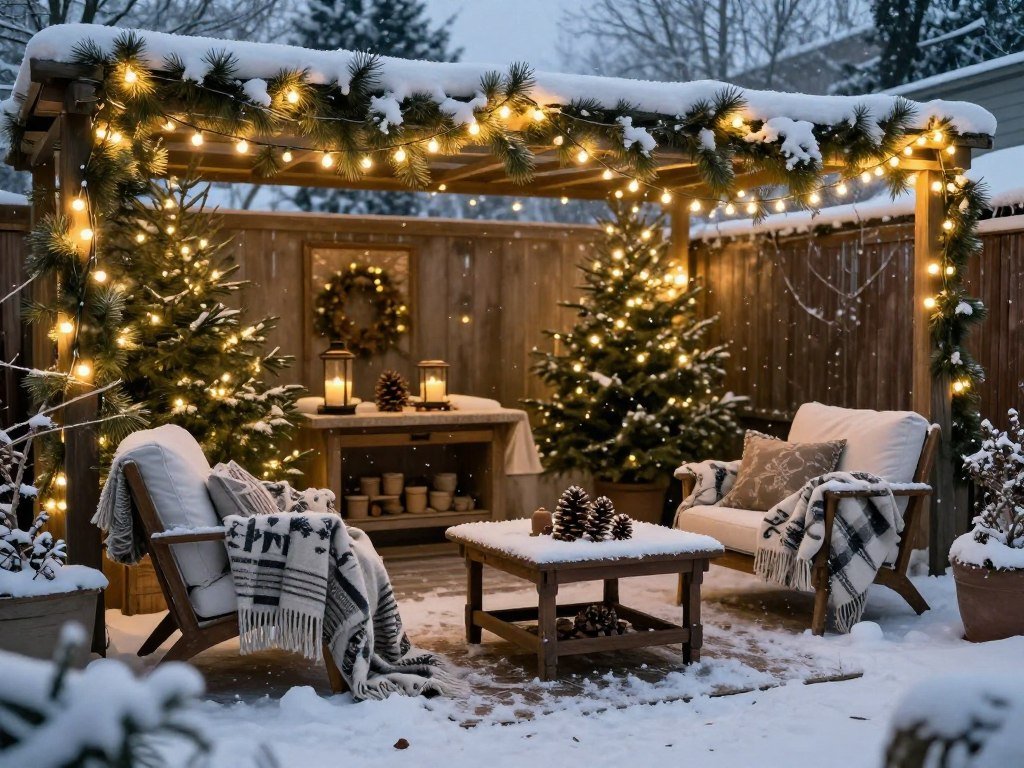 Winter patio with warm string lights, evergreen branches, and cozy elements