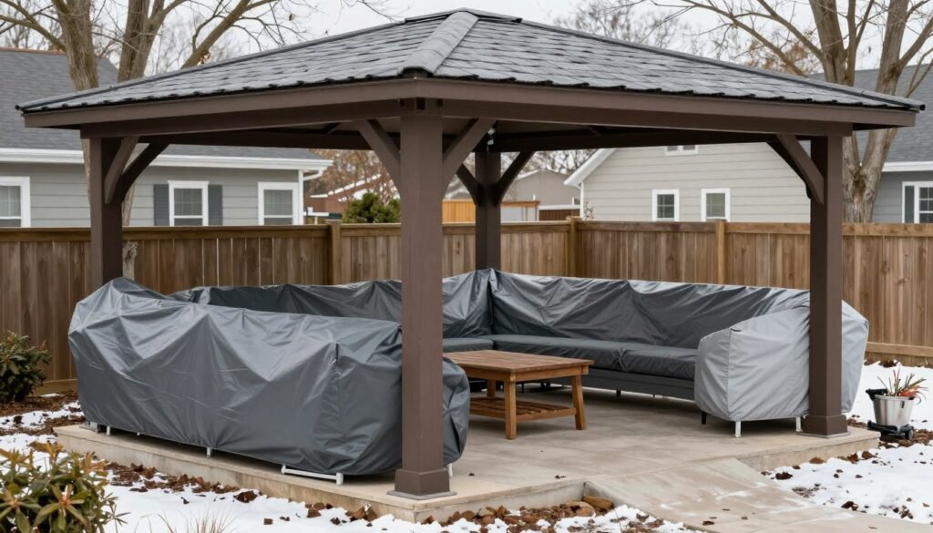 Winter preparation for a backyard pavilion with protective measures