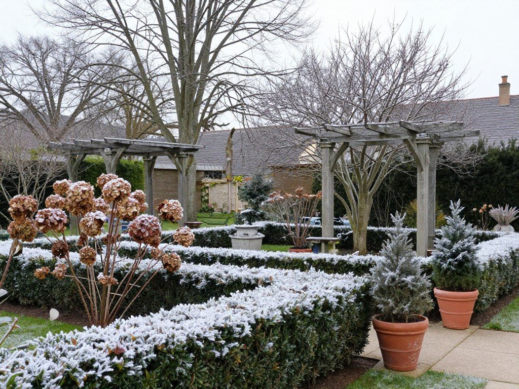 Winter scene in a French country backyard showing structural elements