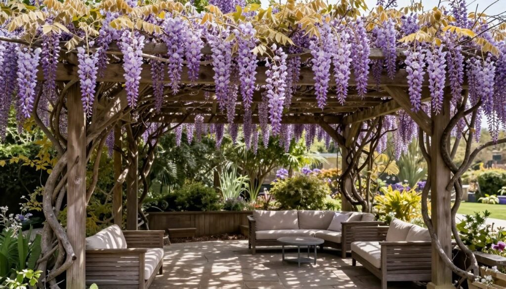 Wisteria-covered pergola creating a flowering canopy over a stone patio