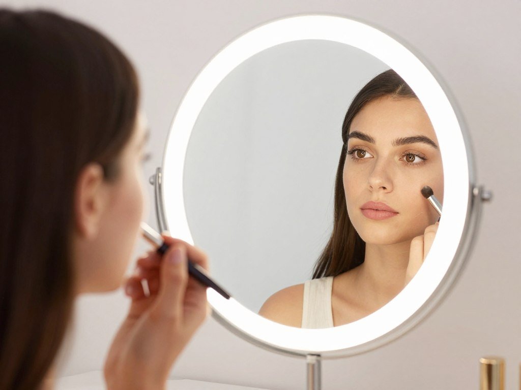 Woman applying makeup using a vanity mirror with lights showing clear visibility